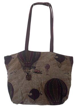 Orvis Hot Air Balloon Tapestry Tote Bag Leather Shoulder Strap Zip Closure